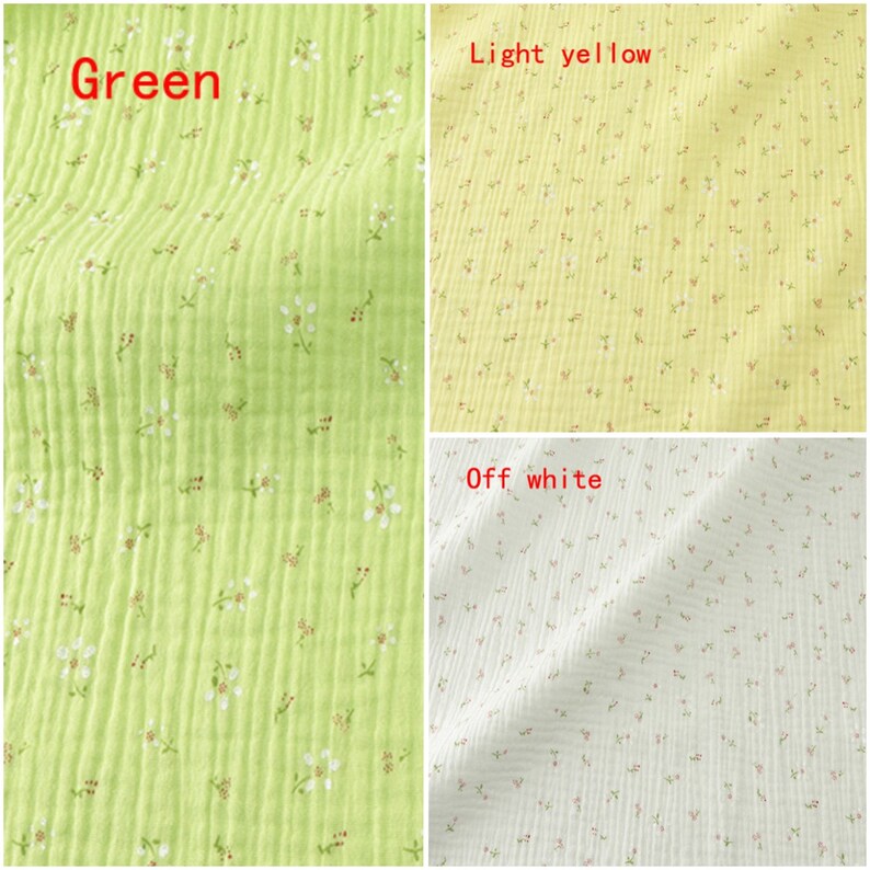 May include: Three fabric swatches with a small floral pattern. The swatches are green, light yellow, and off white.