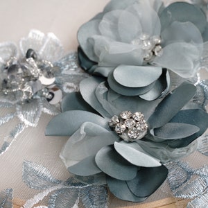 Gray Blue Rhinestone Applique, 3D Flower Embroidery Lace Applique for Lyrical Dance, Wedding, Head Scarf, Sashes