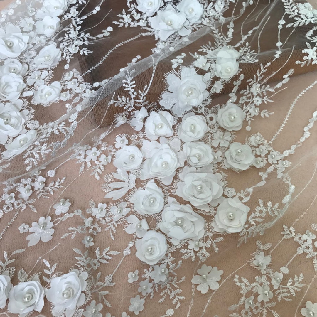 Off White 3D Floral Embroidered Tulle With Beads for Wedding, Lace