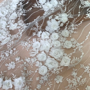 Off White 3D Floral Embroidered Tulle With Beads for Wedding, Lace ...
