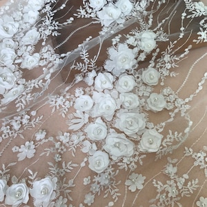 Off White 3D Floral Embroidered Tulle with Beads for Wedding, Lace Bodice, Dresses