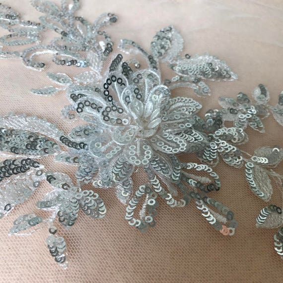 silver sequin embroidery patch lace applique motif dress irish dance costume 