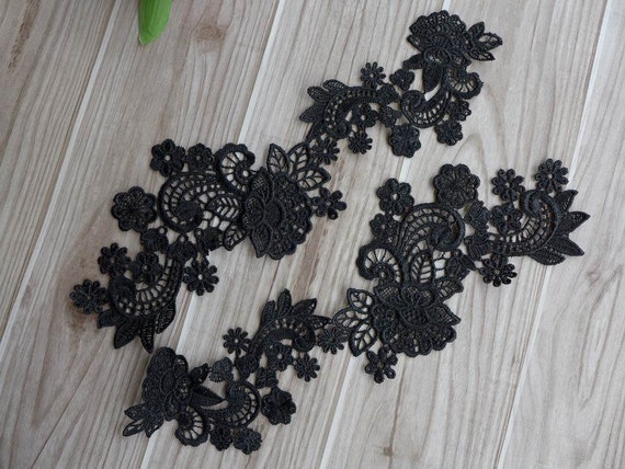 Pair of Black Flower Lace Appliques