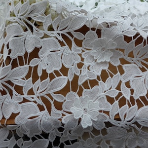 Bridal Lace Fabric with Leaves Pattern, Double Flowers Applique Fabric, White Leaf Trim Fabric