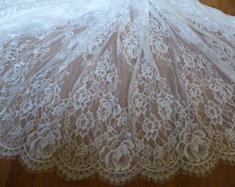 Graceful Off White French Chantilly Lace Fabric Vintage Floral Wedding Fabric Soft Bridal Lace Fabric