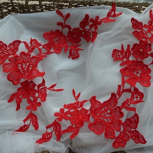 Applique Lace, Venice Flower Applique, Red Bridal Applique Lace, 1 Pair