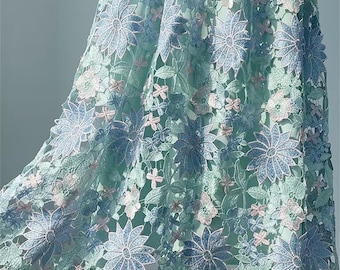 Guipure Lace Fabric, Two-tone Hollow-Out Wedding Fabric, 3D Flower Embroidery Hollowed Fabric Materials