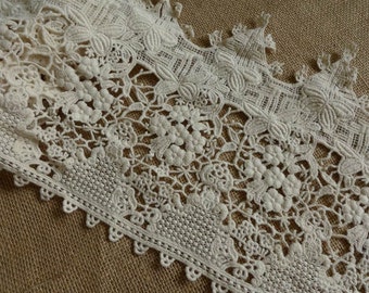 COTTON Lace Fabric Trim, Antique Beige Floral Lace, High-quality Cotton Hollow out Lace Trim