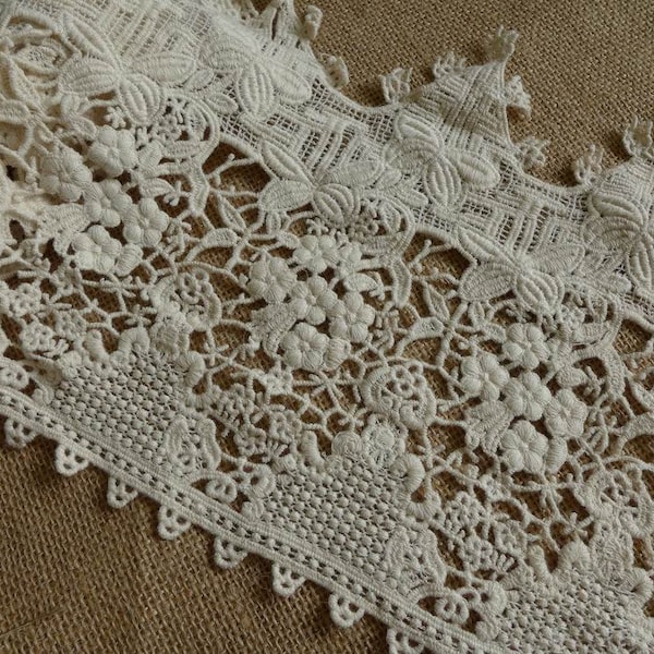 COTTON Lace Fabric Trim, Antique Beige Floral Lace, High-quality Cotton Hollow out Lace Trim