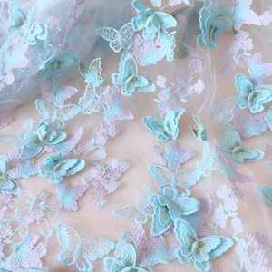 Butterfly fabric by the yard, butterfly applique lace light blue lace fabric, bridal gown prom dress couture design