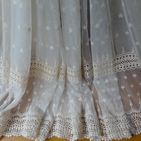 Vintage Crochet Lace Fabric, Cream Tulle Flower Trim Fabric, Wedding Dress Fabric, Curtain Lace Fabric