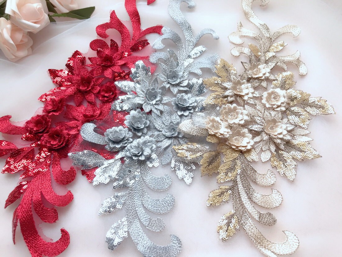 Red / Gray / Gold Sequins Embroidery 3D Flowers Lace Applique for Weddings, Millinery, Lace bodice, Dresses