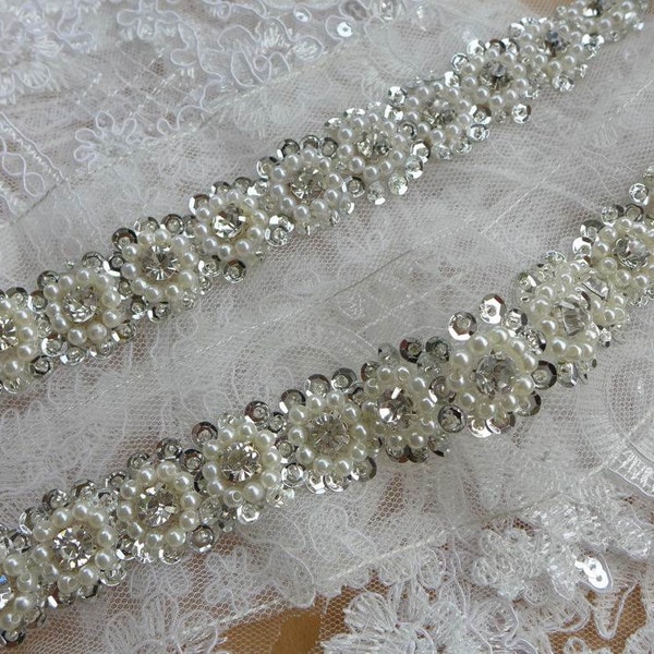 Superbe bordure de perles ivoire et strass avec paillettes pour robes de mariée, ceinture, bandeaux