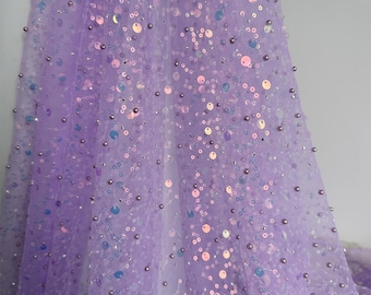 Purple Lavender Beads Pearls & Sequin Embroidery Tulle Fabric by the Yard, Beaded All Over Mesh for Prom, Bridal, Kids, Toddler Dresses
