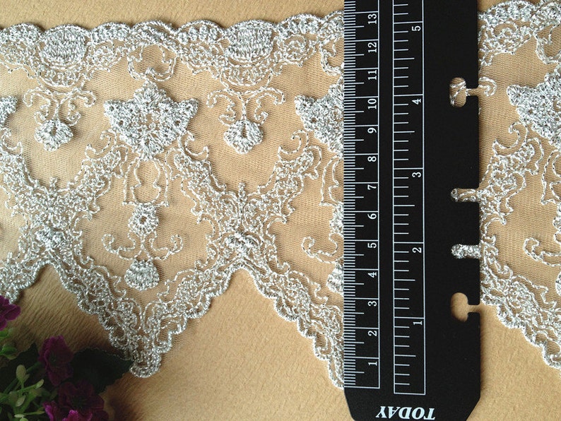 Silver Lace Trim, Tulle Lace, Bridal Trim Lace, Embroidered Lace Fabric image 5