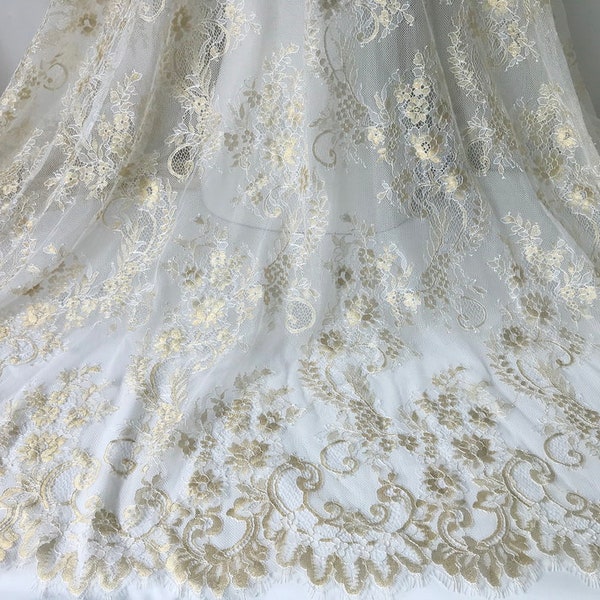 Dentelle chantilly française dorée, élégant tissu floral pour mariage, dentelle de mariée douce par mètre