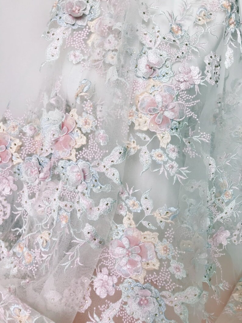 Pastel Pink Lace 3d Flower Embroidered Fabric Beaded Etsy