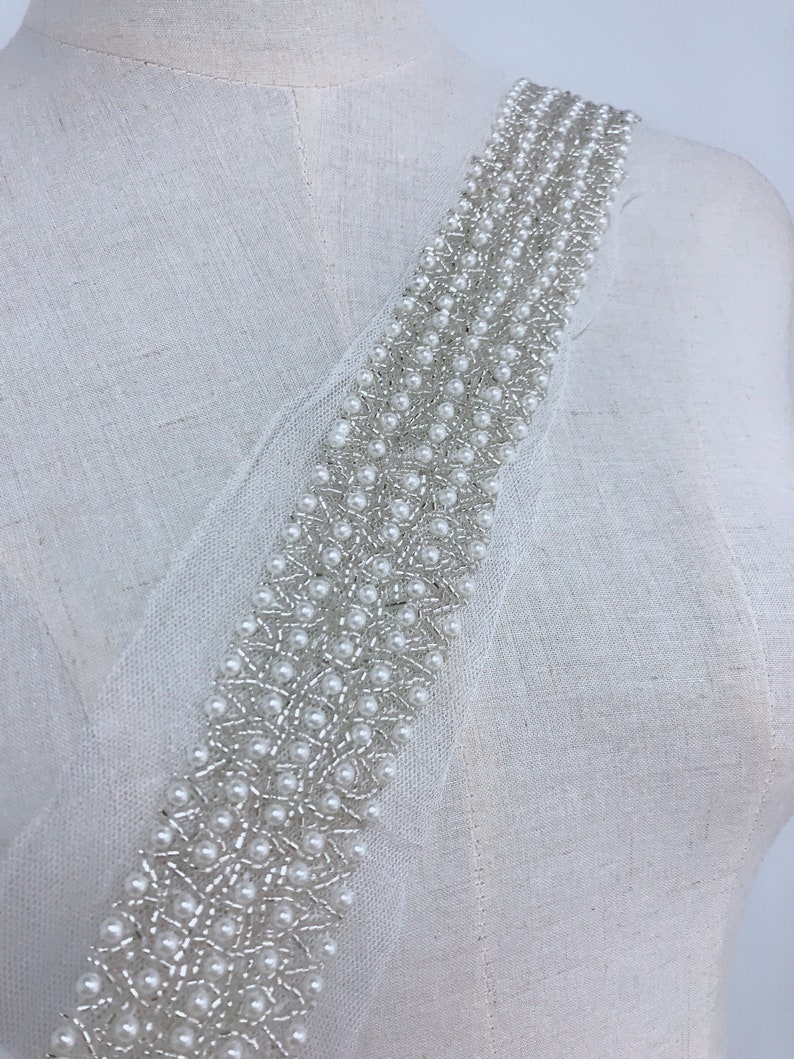 Wide Beaded Trim Bridal Pearl Applique Silver Ivory Beaded Etsy