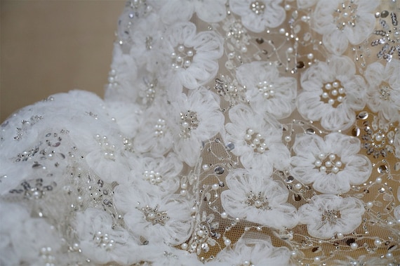 Fairytale Beaded Embroidered Tulle Lace Fabric with 3D Flowers Bloom Fabric for Fairy Wedding Dress, Evening Dress, Prom Dress