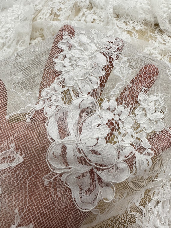 Chantilly Lace Fabric Scalloped off White Bridal Gown Fabric Alencon Style Lace  Fabric by the Yard 