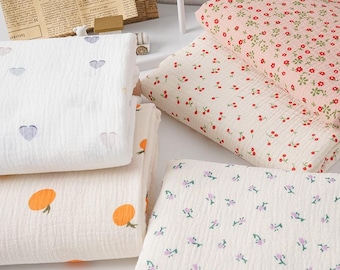 Cotton Gauze Fabric, Double Crinkle Floral Butterfly Plant Printed 100% Cotton Muslin Fabric, for Baby Clothing Sewing, Homewear