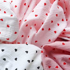 Chic Red Love Heart Pattern Cotton Fabric, Double Layer Crepe Printed Fabric, Soft Double Layered Gauze Muslin Fabric By Yard