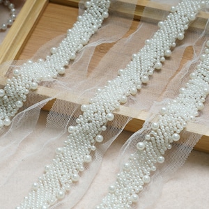 Pearls Beaded Trim, Ivory Wedding Sash Trim, Beaded Lace Trimming, Headbands or Gowns Accessories
