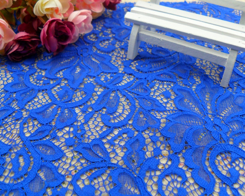Green Stretch Fabric, 59" wide Elastic Lace Fabric, Evening Dress Lace Fabric #2 Royalblue