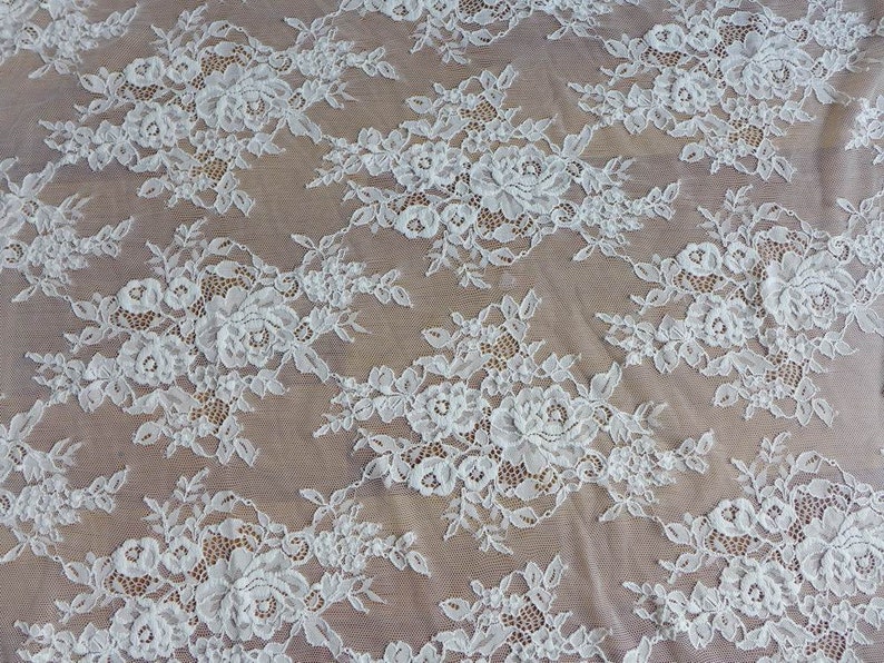 White Chantilly Lace Fabric Beautiful Roses Floral Wedding Fabric Unique Bridal Lace Fabric By The Yard image 3