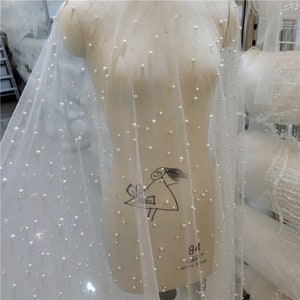 Light Ivory Soft Pearls Tulle Fabric, 118&quot; Wide Beaded Tulle Lace Fabric for Bridal Veils, Flower girl dress, Wedding prop backdrop