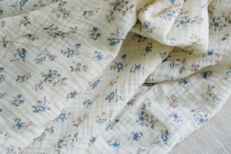 Beige Cotton Fabric Double Layer Crepe Floral Cotton Printed Fabric for Kids Clothing, Girl Dress, Summer Dress image 6