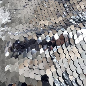 以下が含まれることがあります： 光沢のある銀色のスパンコールで覆われた生地のクローズアップ。 スパンコールは丸く重なっており、テクスチャのある表面を作り出しています。 光がスパンコールに反射し、きらめく効果を生み出しています。 生地は柔軟性があるようです。