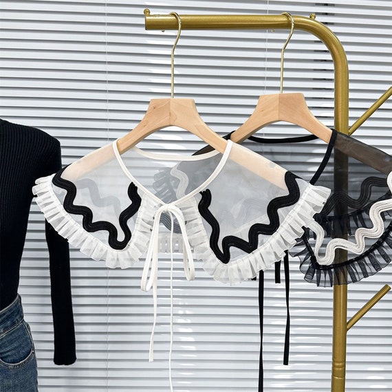 Black / White Organza Lace Collar With Ribbon Tie, Ruffle Lace Fake Collar, Lace Collar Blouse / Dress - Etsy Israel Black / White Organza Lace Collar With Ribbon Tie, Ruffle Lace Fake Collar, Lace Collar Blouse / Dress - Etsy Israel