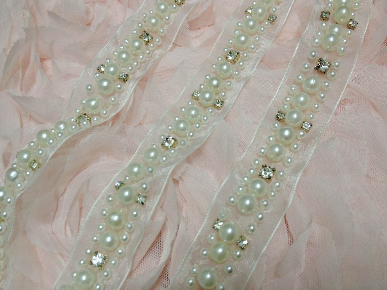 Ivory Pearl Trim and Rhinestone Beaded With Ribbon for Bridal - Etsy
