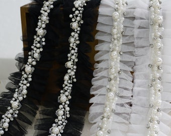 Peals Strass kralenversiering op gegolfd mesh kant voor trouwriem, bruidsjurk, hoofdbanden, kostuums