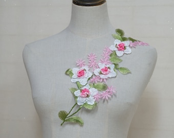 Appliqué de fleurs 3D en dentelle verte et rose pour costumes de paroles, robes illusion, décoration d'écharpes