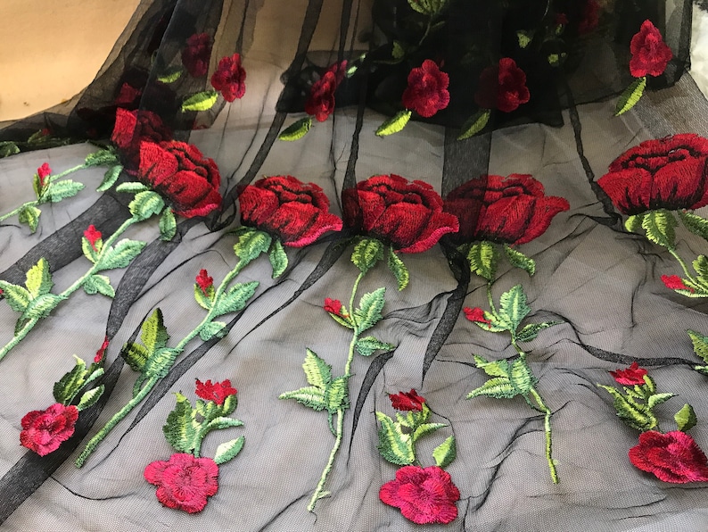 Beautiful Red Rose Flowers Lace Fabric Soft Black Tulle Fabric Etsy