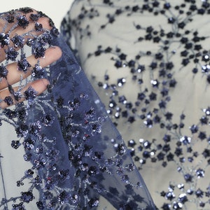 Sequin Embroidery Fabric, Navy Blue Lace Fabric, Floral Leaf Lace Fabric, Navy Floral Prom Dress Fabric By Yard