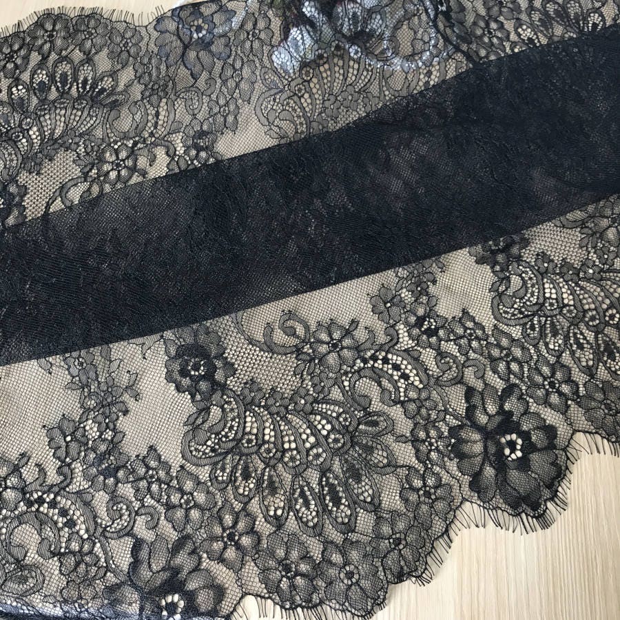 Scalloped Chantilly Lace Fabric Black Eyelash Lace Trim Bridal