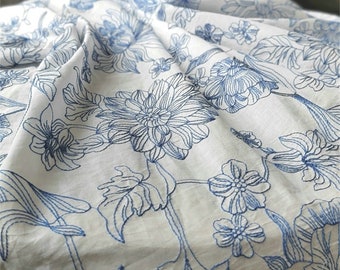 Cotton Fabric, Blue Flowers Embroidery Fabric, Off white Cotton Base Fabric By the yard 53" Wide Fabric