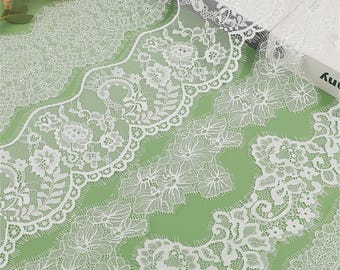 Soft Chanitlly Lace, White Scalloped Floral Eyelash Trim Lace, Wedding Gown Bridal Veils Lace Trim - 3 Pieces