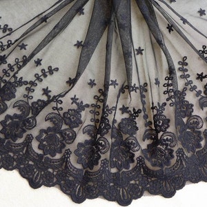 ROMANTIC Black Lace, Embroidery Tulle Lace Trim, Cotton Lace Trim, Black Rose Trim By the yard
