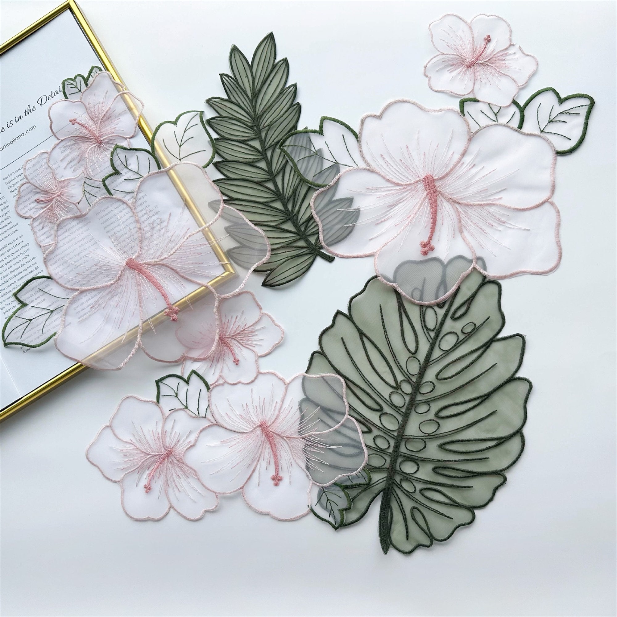 Organza Lotus Flower Applique, Green Leaf and Pink Flower Sewing Patch One Set