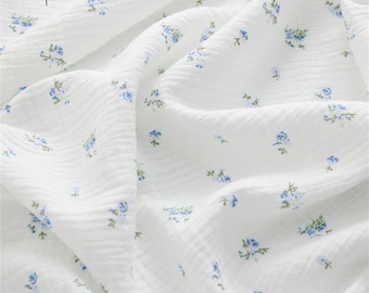 Blue Floral Cotton Fabric, Lightweight Breathable Muslin Fabric, Double Layer Crepe Floral Printed Fabric, Off white Base Cotton Fabric