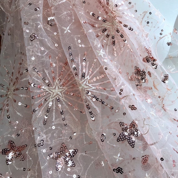 Pink Sequined Stars Sheer Mesh Fabric for Prom Dresses, Princess Dress,  Wedding Dress 