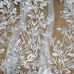 Light Ivory Lace Fabric, Floral Leaf Embroidered Fabric, Soft Tulle Lace Fabric, Wedding Robe Dress Fabric By yard