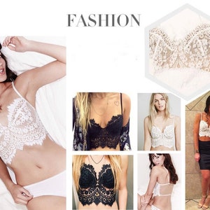 Puede incluir: Una colecci&oacute;n de cinco im&aacute;genes que muestran diferentes estilos de bralettes de encaje. Los bralettes son todos blancos o negros y presentan dise&ntilde;os delicados de encaje. Las im&aacute;genes est&aacute;n dispuestas en un formato de cuadr&iacute;cula.