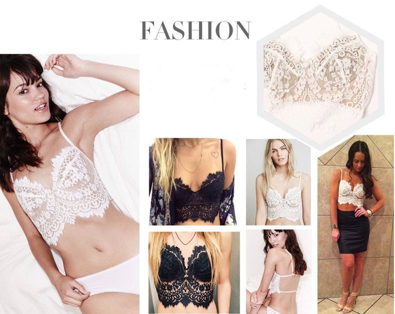 Puede incluir: Una colecci&oacute;n de cinco im&aacute;genes que muestran diferentes estilos de bralettes de encaje. Los bralettes son todos blancos o negros y presentan dise&ntilde;os delicados de encaje. Las im&aacute;genes est&aacute;n dispuestas en un formato de cuadr&iacute;cula.