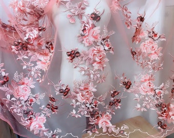 Coral Embroidery Mesh Fabric Colorful Rose Leaves Lace Fabric for Formal dress, Evening dress, Maxi dress