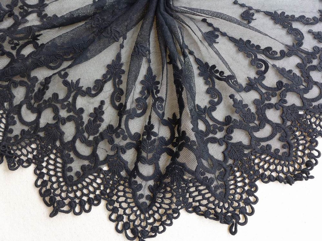 Vintage Black Embroidery Lace 11 Wide Cotton Tulle Lace Fabric Trim ...